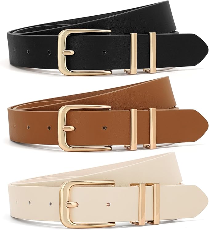 XZQTIVE Women's 3-Pack Leather Belts with Gold Buckles