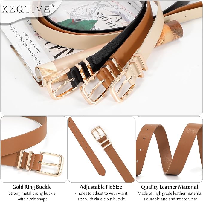 XZQTIVE Women's 3-Pack Leather Belts with Gold Buckles